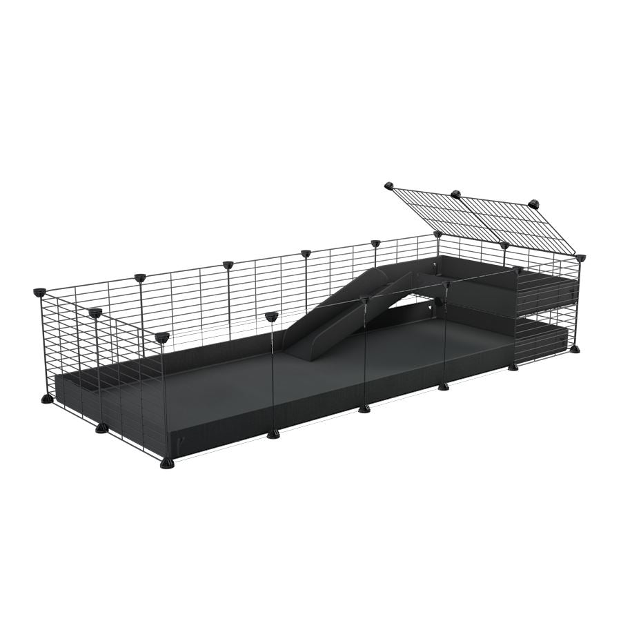 a 5x2 C&C guinea pig cage with clear transparent plexiglass acrylic panels  with a loft and a ramp black coroplast sheet and baby bars by kavee