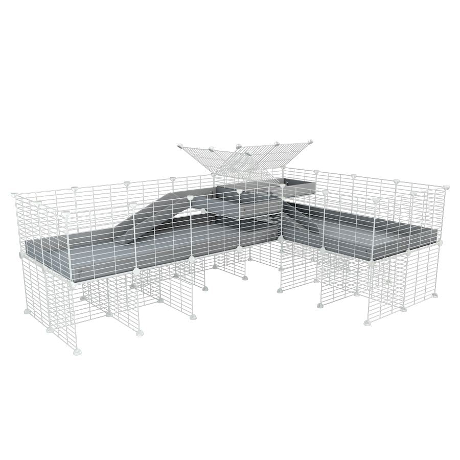 A 8x2 L-shape white C&C cage with divider and stand loft ramp for guinea pig fighting or quarantine with gray correx from brand kavee