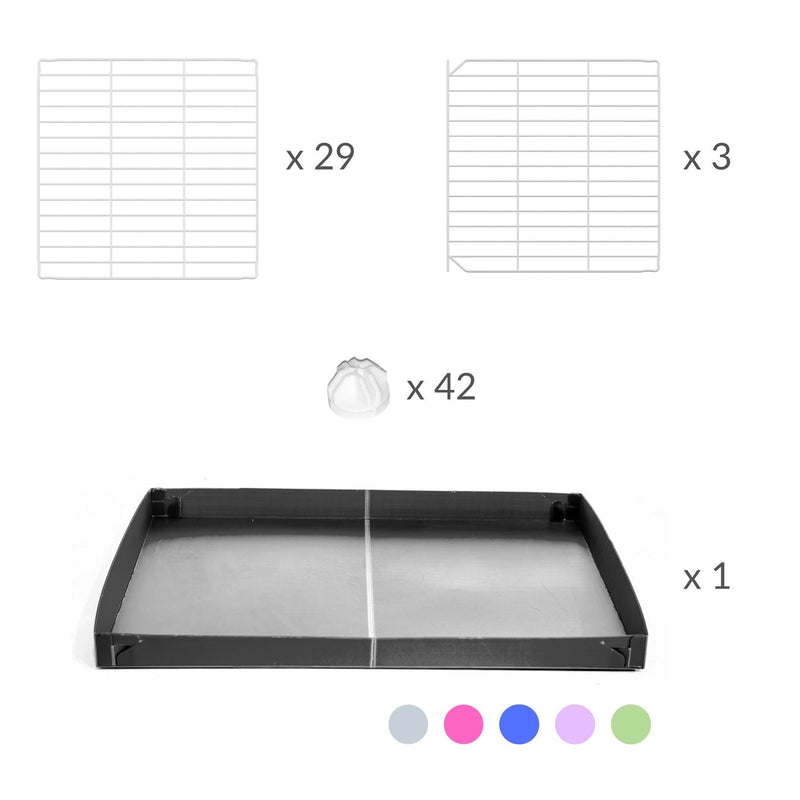 Components of a 3x2 C&C cage for guinea pigs with a stand and a top gray plastic safe white CC grids by kavee