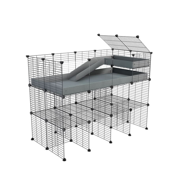 A 4x2 kavee gray C&C guinea pig cage with clear transparent plexiglass acrylic panels  with three levels a loft a ramp made of small size hole safe grids
