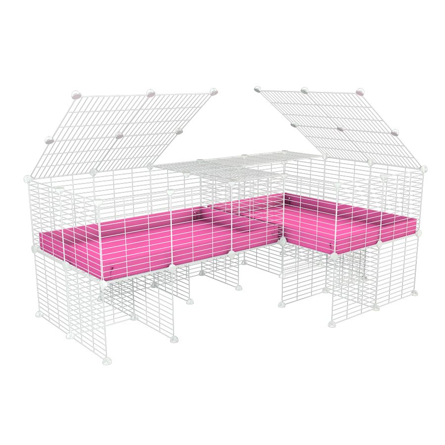 A 6x2 L-shape white C&C cage with lid divider stand for guinea pig fighting or quarantine with pink coroplast from brand kavee