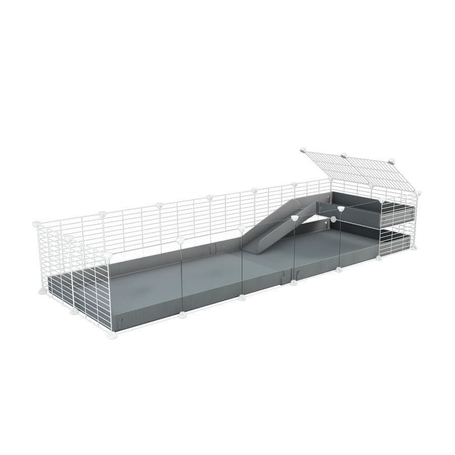 a 6x2 C&C guinea pig cage with clear transparent plexiglass acrylic panels  with a loft and a ramp gray coroplast sheet and baby bars by kavee