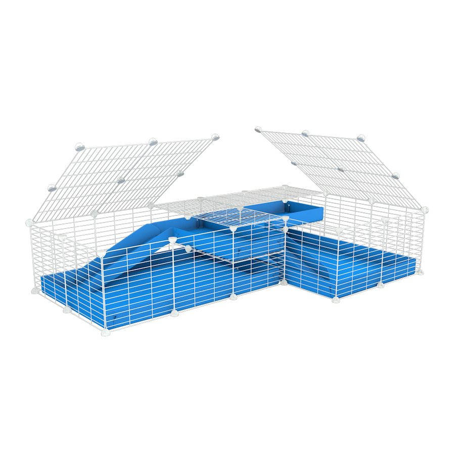 A 6x2 L-shape white C&C cage with lid divider loft ramp for guinea pig fighting or quarantine with blue coroplast from brand kavee