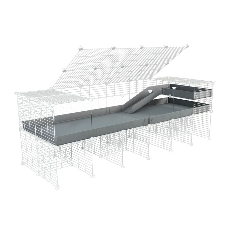 A 2x6 C and C guinea pig cage with clear transparent plexiglass acrylic panels  with stand loft ramp lid small size meshing safe white grids gray correx sold in USA