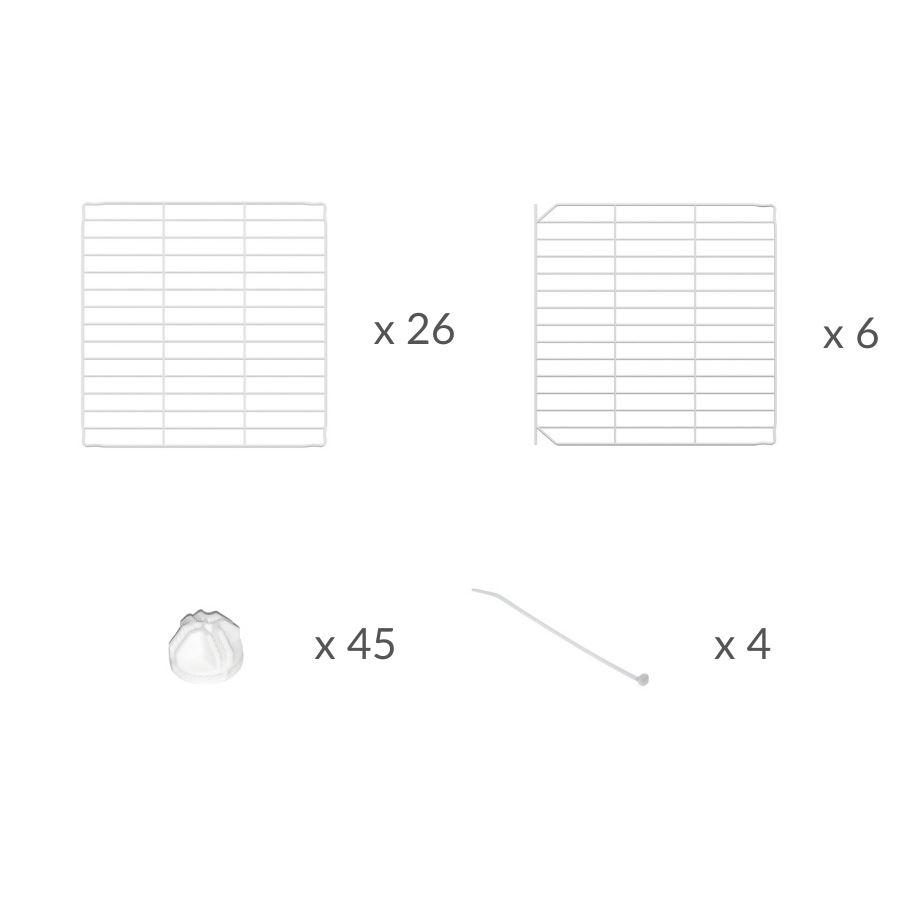 Composition of a tall 4x2 outdoor modular playpen with a lid and small hole safe C and C white grids for guinea pigs or Rabbits