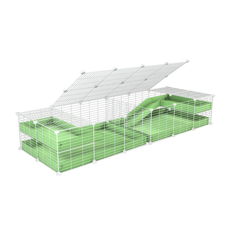 A 6x2 white C&C cage with lid divider loft ramp for guinea pig fighting or quarantine with green coroplast from brand kavee