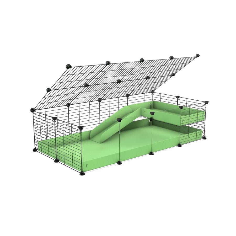 a 2x4 C and C guinea pig cage with clear transparent plexiglass acrylic panels  with loft ramp lid small hole size grids green pastel pistachio coroplast kavee