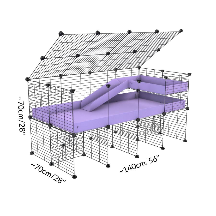 Size of a 4x2 CC guinea pig cage with clear transparent plexiglass acrylic panels  with stand loft ramp small mesh grids purple lilac pastel corroplast by brand kavee