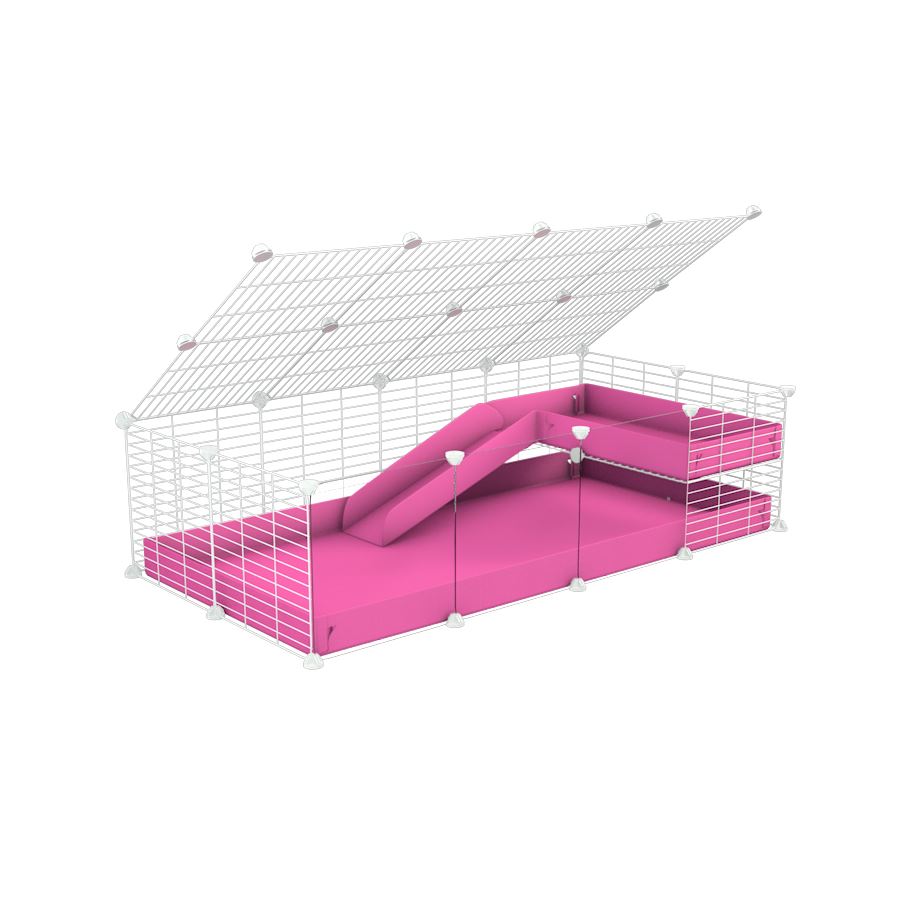 a 2x4 C and C guinea pig cage with clear transparent plexiglass acrylic panels  with loft ramp lid small hole size white CC grids pink coroplast kavee