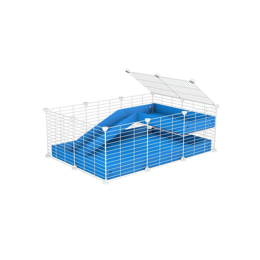 a 3x2 C&C guinea pig cage with a loft and a ramp blue coroplast sheet and white baby bars CC grids by kavee