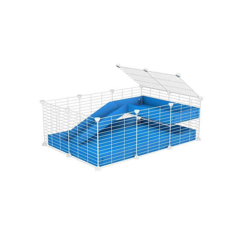 a 3x2 C&C guinea pig cage with a loft and a ramp blue coroplast sheet and white baby bars CC grids by kavee