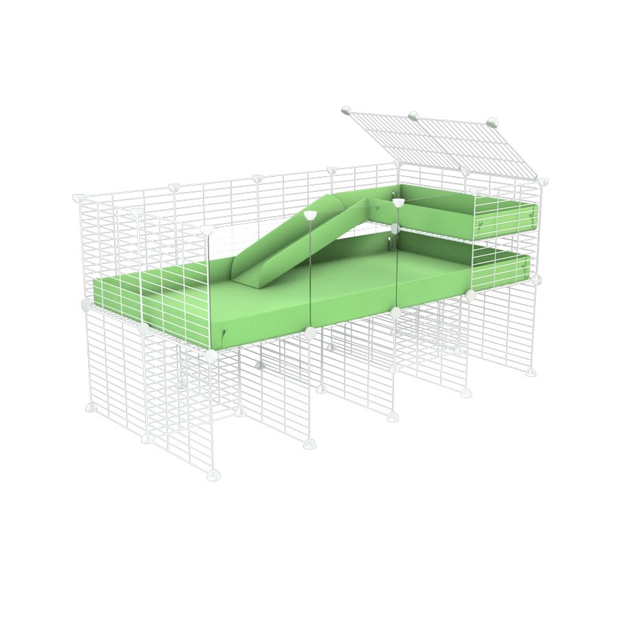 a 4x2 CC guinea pig cage with clear transparent plexiglass acrylic panels  with stand loft ramp small mesh white grids green pastel pistachio corroplast by brand kavee