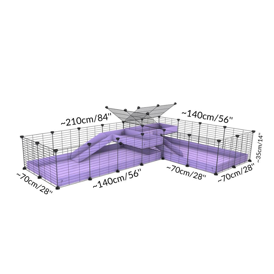 Size and dimension of A 8x2 L-shape C&C cage with divider loft ramp for guinea pigs fighting or quarantine from brand kavee