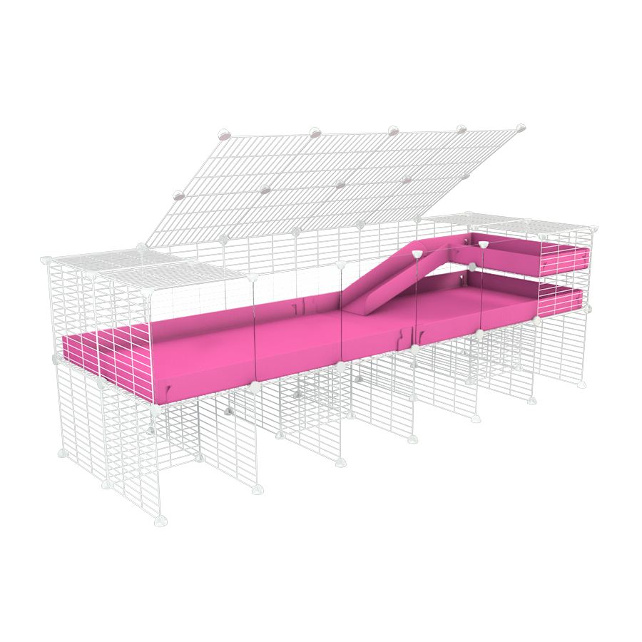 A 2x6 C and C guinea pig cage with clear transparent plexiglass acrylic panels  with stand loft ramp lid small size meshing safe white C&C grids pink correx sold in USA