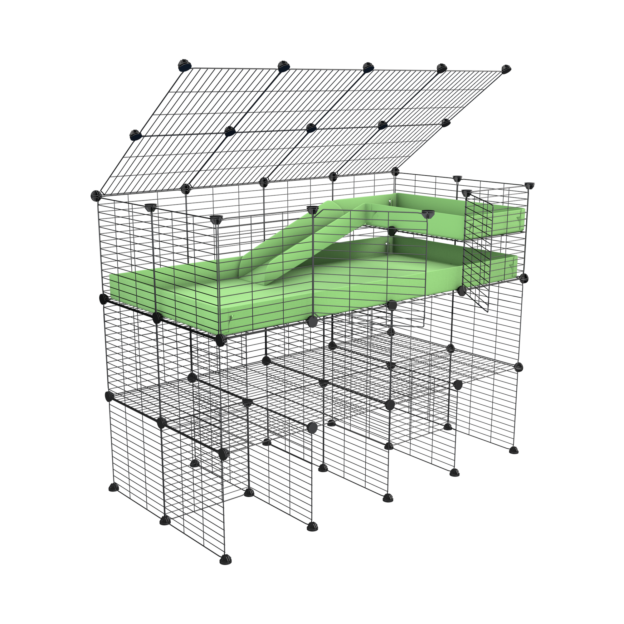 A 2x4 kavee black C and C guinea pig cage with three levels a loft a ramp a lid made of small size meshing safe grids