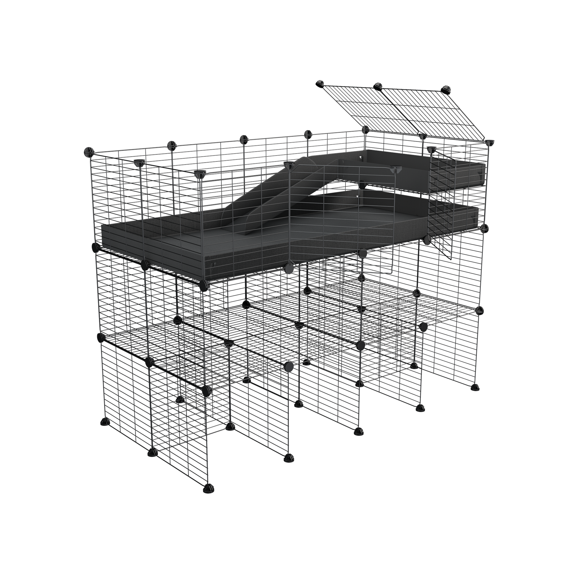 A 4x2 kavee black C and C guinea pig cage with three levels a loft a ramp made of small size hole safe grids