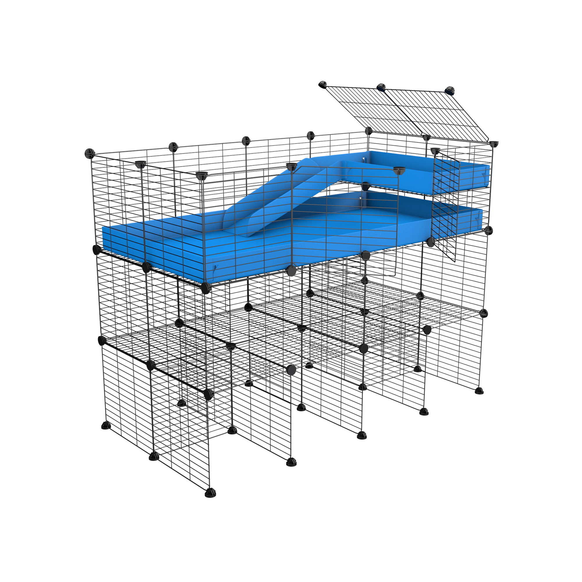 A 4x2 kavee blue C&C guinea pig cage with three levels a loft a ramp made of small size meshing safe grids