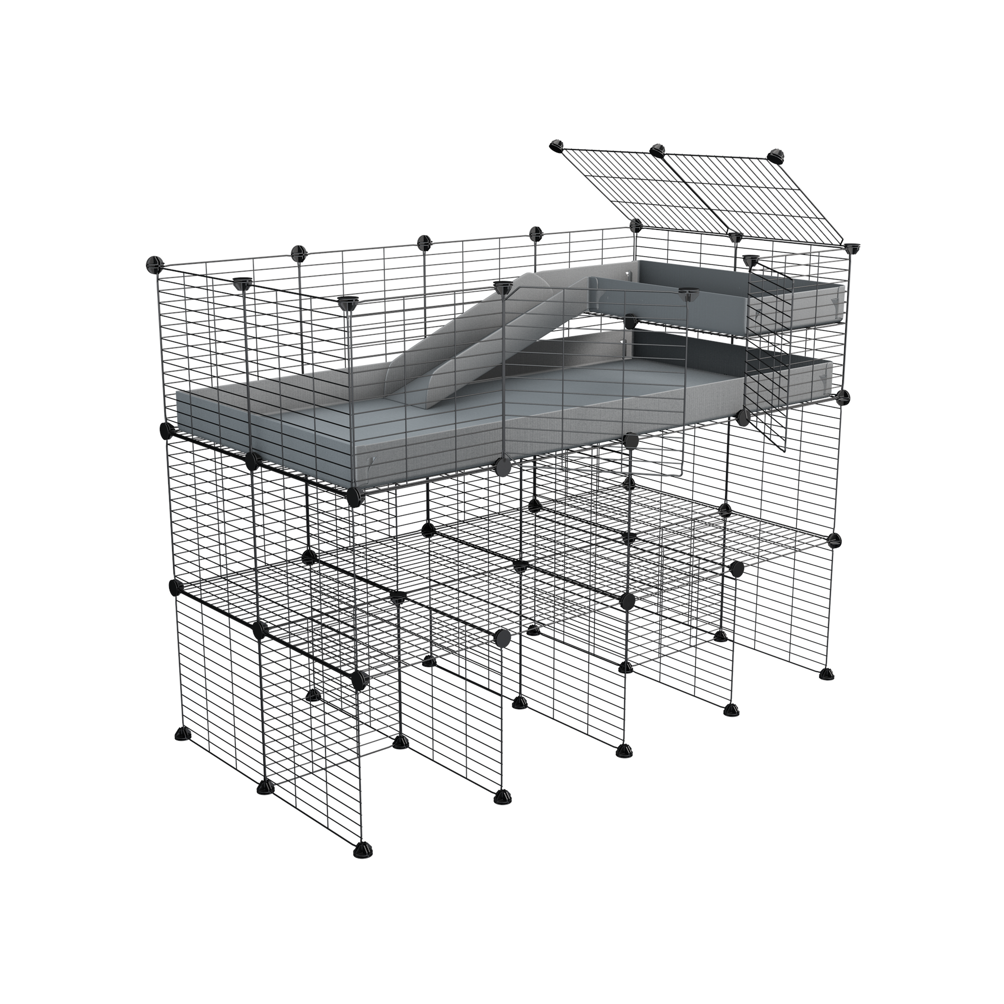 A 4x2 kavee gray C&C guinea pig cage with three levels a loft a ramp made of small size hole safe grids