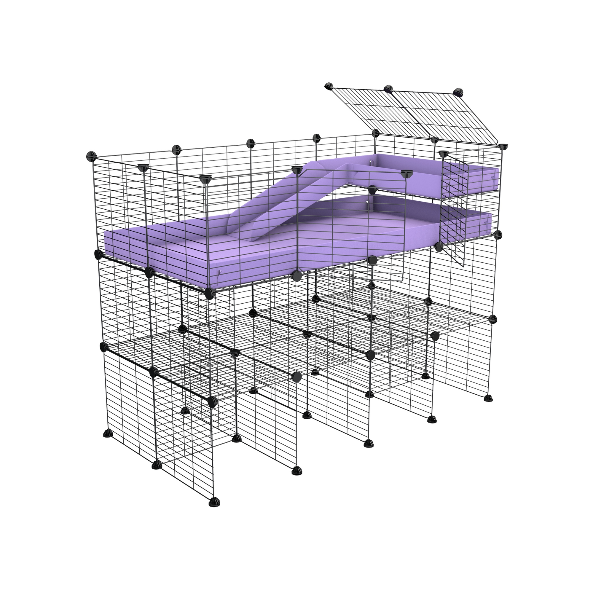 A 4x2 kavee purple C and C guinea pig cage with three levels a loft a ramp made of small size hole safe grids