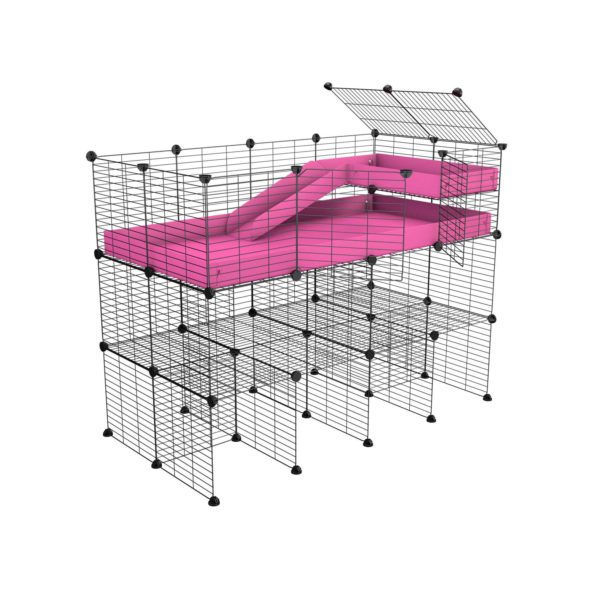 A 4x2 kavee pink C&C guinea pig cage with three levels a loft a ramp made of safe baby bars grids