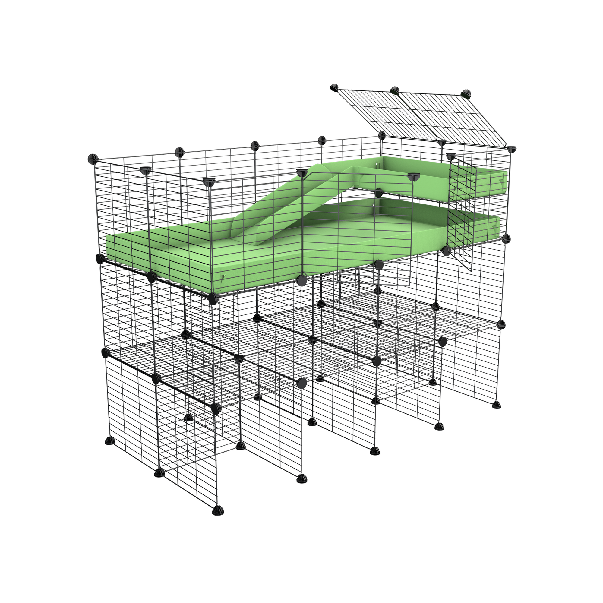 A 4x2 kavee green pistachio C&C guinea pig cage with three levels a loft a ramp made of safe small hole grids