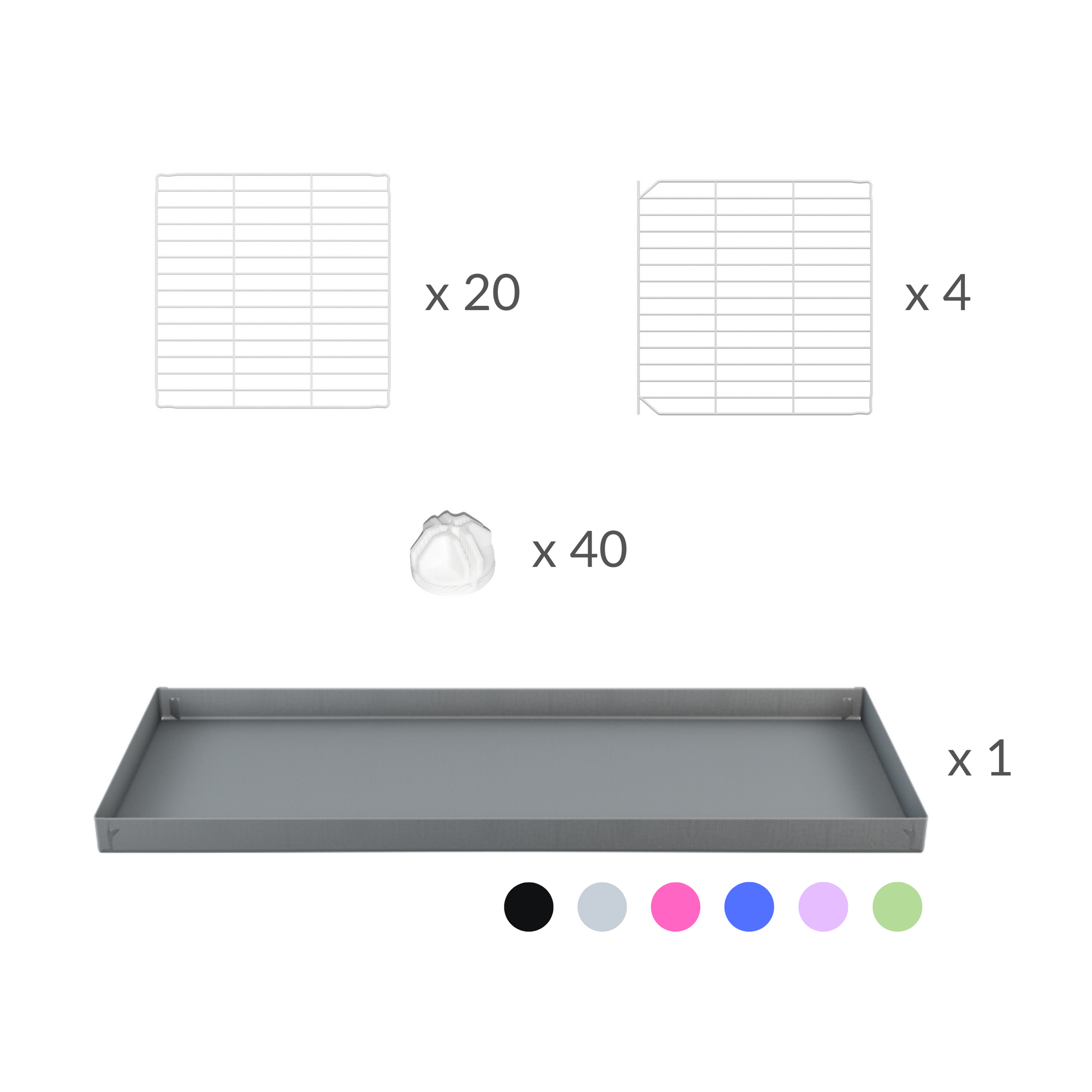 Components of A 2x5 C and C cage for guinea pigs with gray coroplast a lid and small hole white CC grids from brand kavee