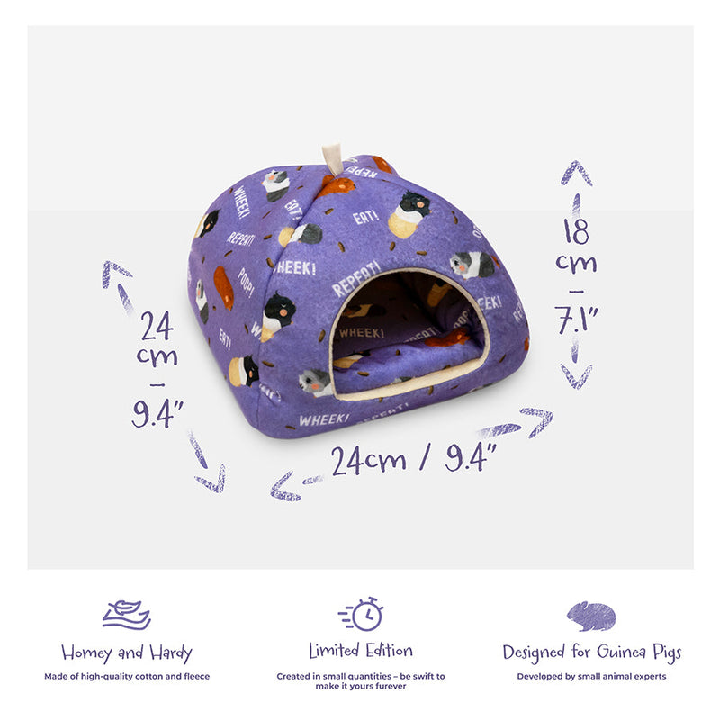 Purple fleece poop design hidey house for guinea pigs on white backgroung showing product dimensions and product descriptions by brand Kavee