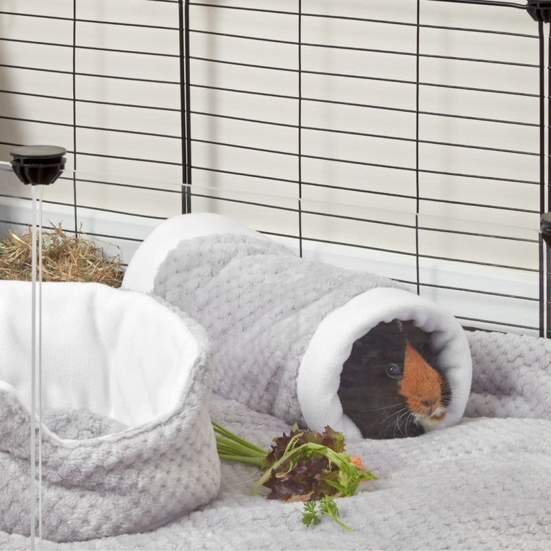 tri colored guinea pig inside of kavee gray tunnel on top of fleece liner