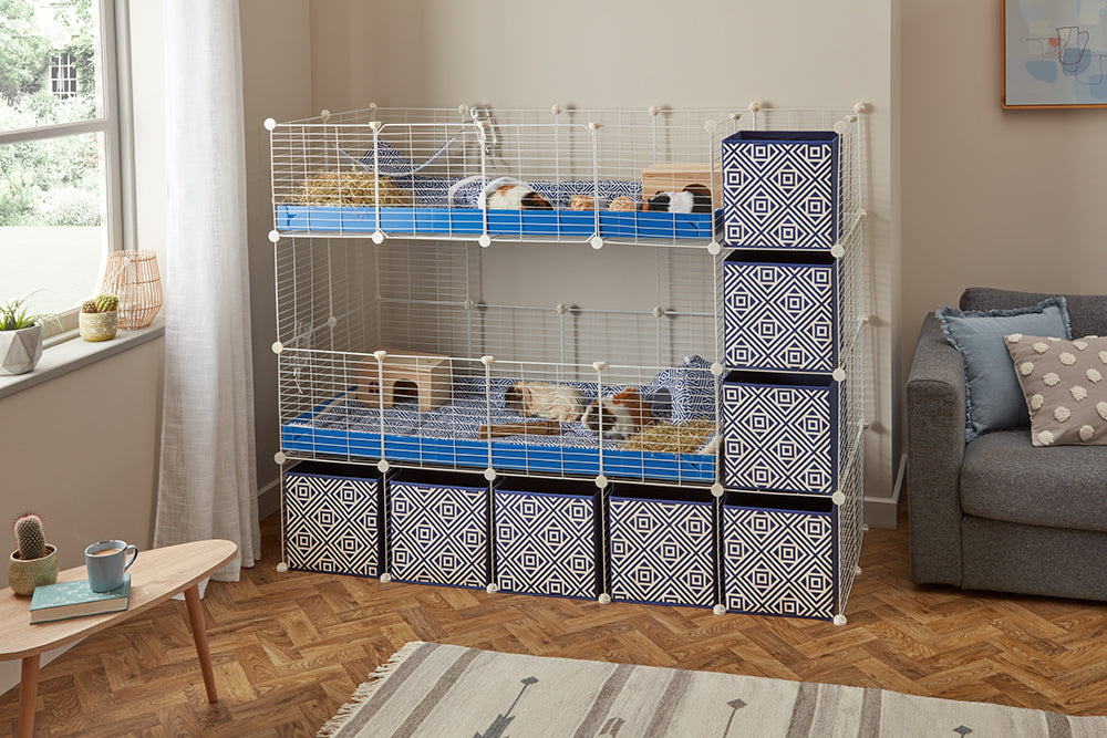 A double 4x2 c&c cage with stand and side storage for guinea pigs with two levels blue correx baby safe grids by brand kavee in the USA