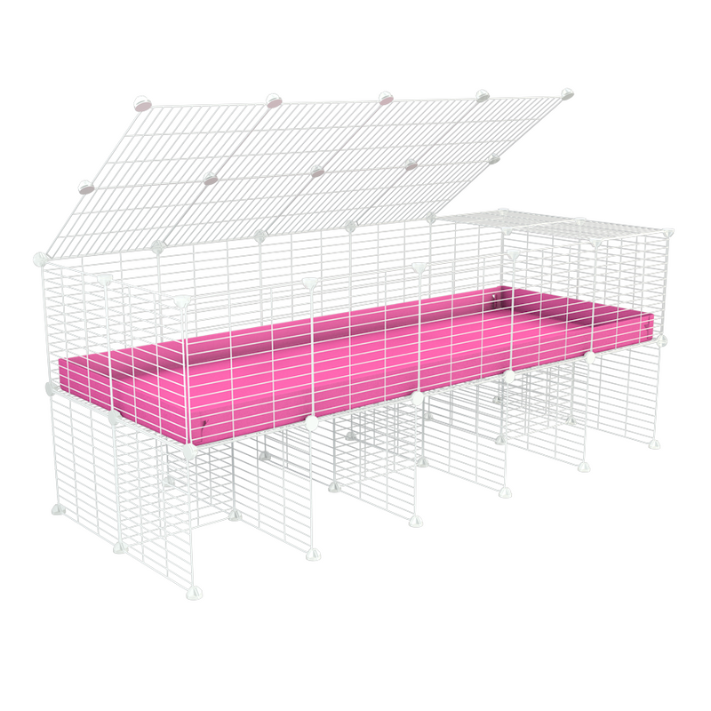 a 5x2 C&C cage for guinea pigs with a stand and a top pink plastic safe white grids by kavee