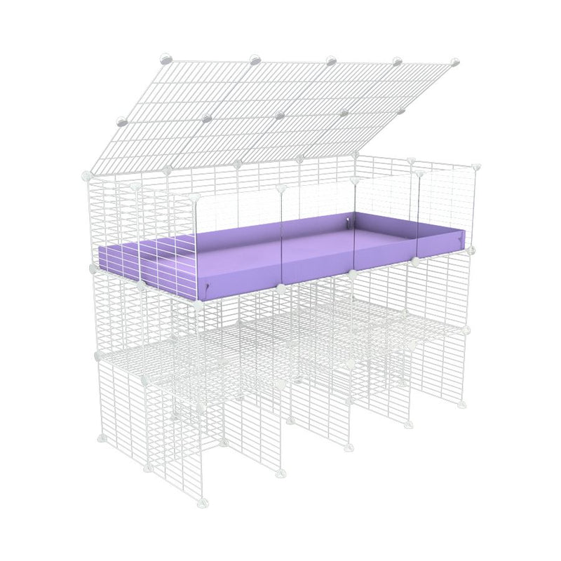 a tall 4x2 C&C guinea pigs cage with clear transparent plexiglass acrylic panels  with a double stand purple coroplast a lid and safe small hole white CC grids sold in USA by kavee