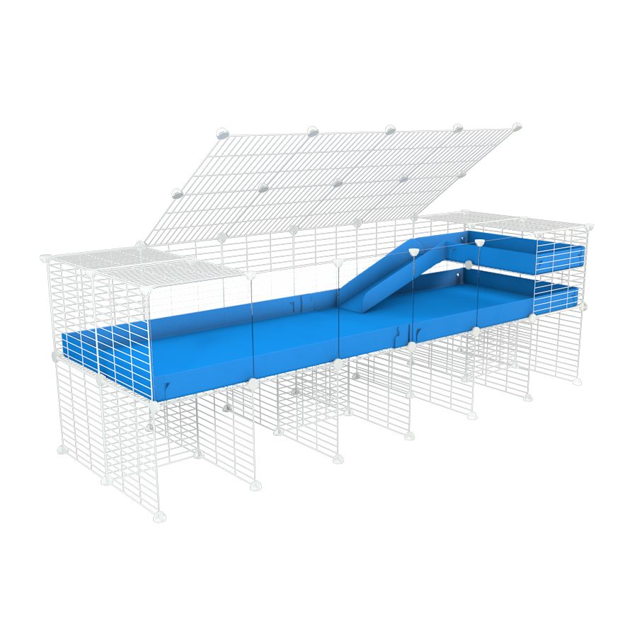 A 2x6 C and C guinea pig cage with clear transparent plexiglass acrylic panels  with stand loft ramp lid small size meshing safe white C and C grids blue correx sold in USA