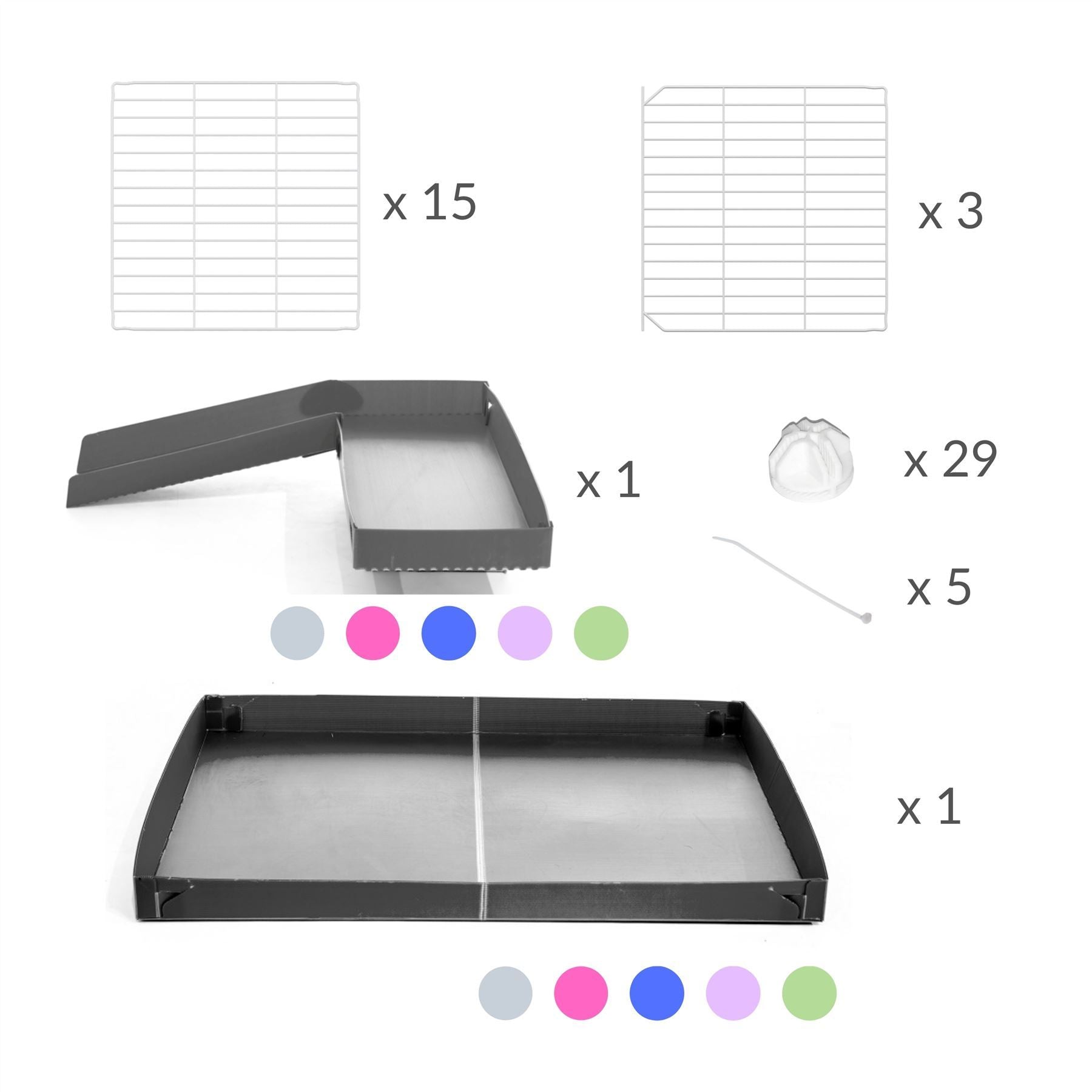 Components of a 2x3 C and C guinea pig cage with loft ramp lid small hole size white CC grids gray coroplast kavee