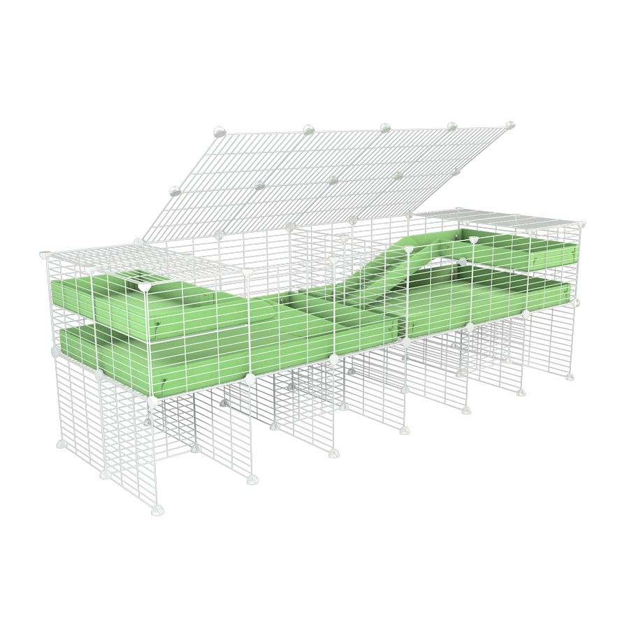 A 6x2 white C&C cage with lid divider stand loft ramp for guinea pig fighting or quarantine with green coroplast from brand kavee