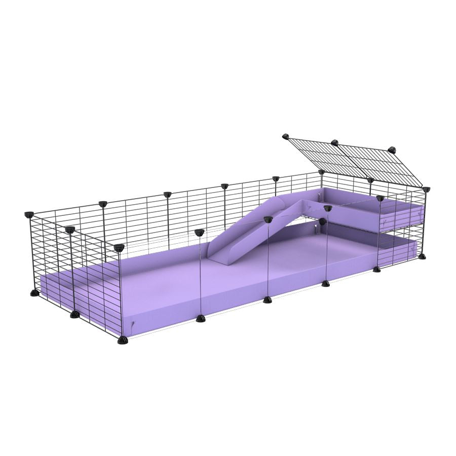 a 5x2 C&C guinea pig cage with clear transparent plexiglass acrylic panels  with a loft and a ramp purple lilac pastel coroplast sheet and baby bars by kavee