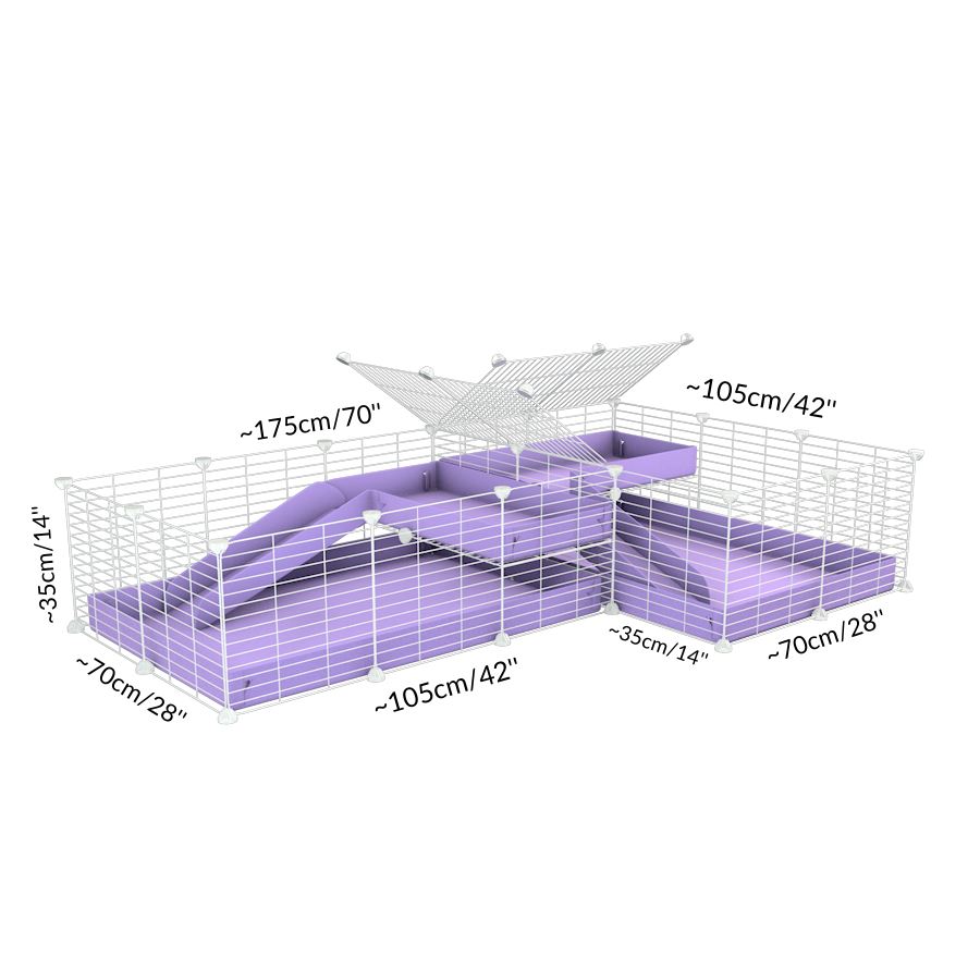 Size and dimension of A 6x2 L-shape white C&C cage with divider loft ramp for guinea pigs fighting or quarantine from brand kavee