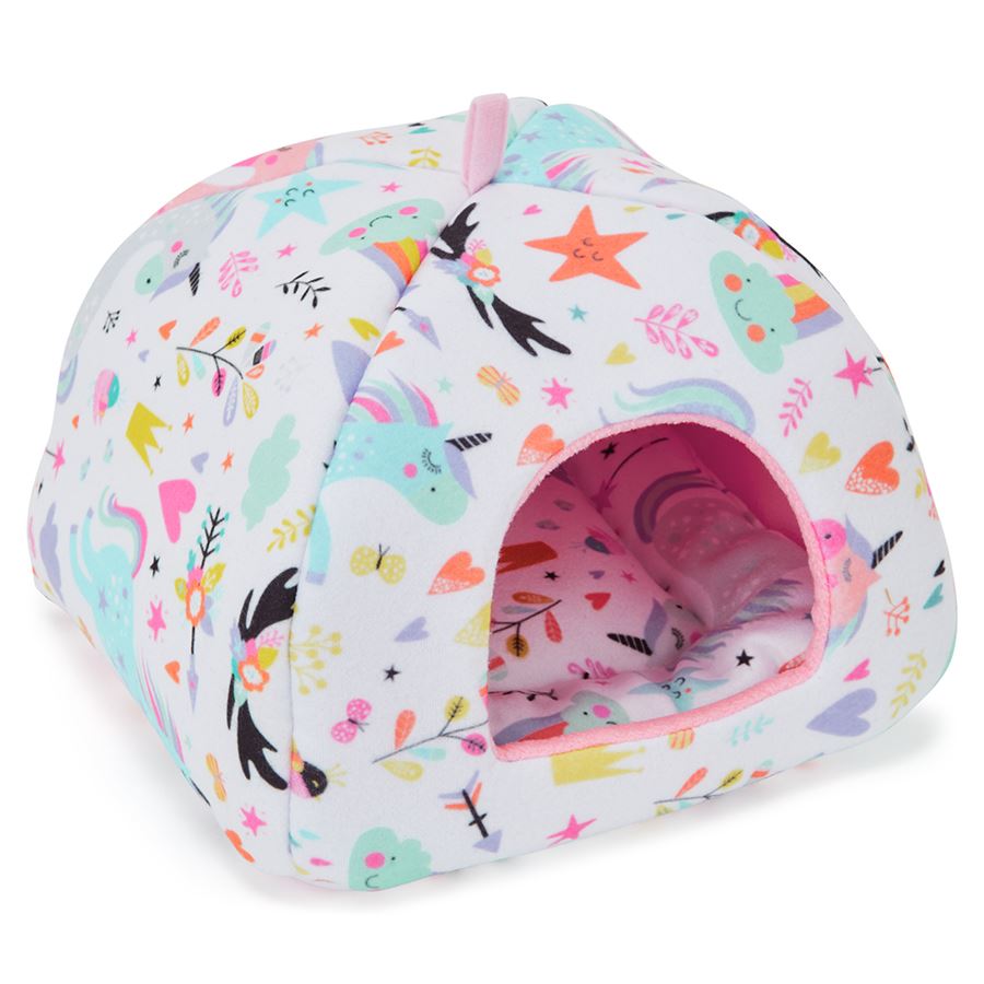 a guinea pig hidey house made of pink unicorn fleece by kavee