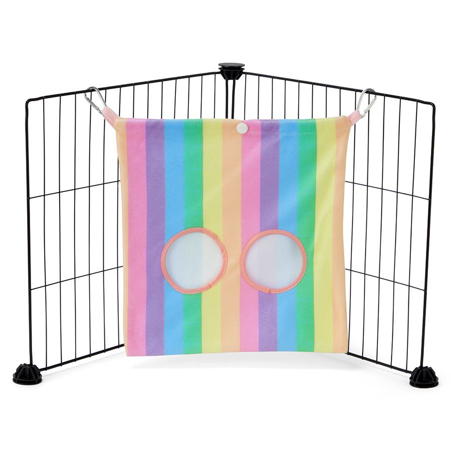 a guinea pig haybag hung on C&C cage made of rainbow fleece by  kavee