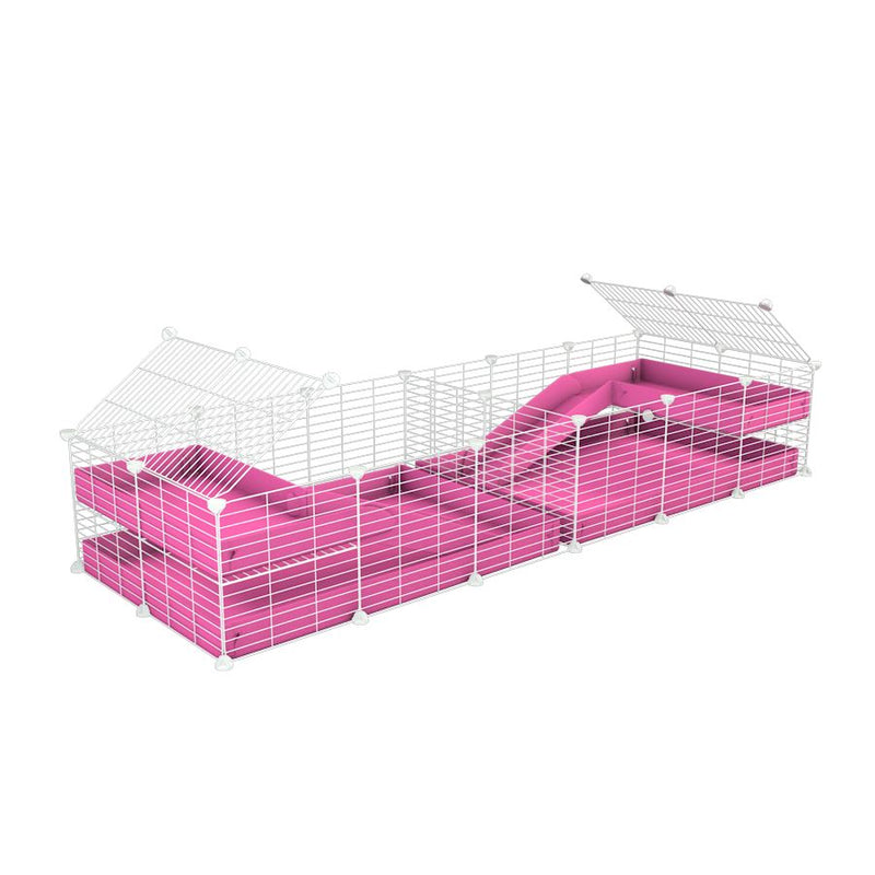 A 6x2 white C&C cage with divider and loft ramp for guinea pig fighting or quarantine with pink coroplast from brand kavee