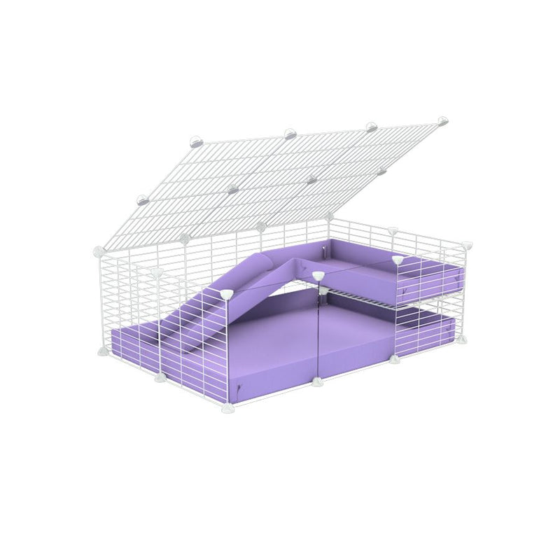 a 2x3 C and C guinea pig cage with clear transparent plexiglass acrylic panels  with loft ramp lid small hole size white CC grids purple lilac pastel coroplast kavee