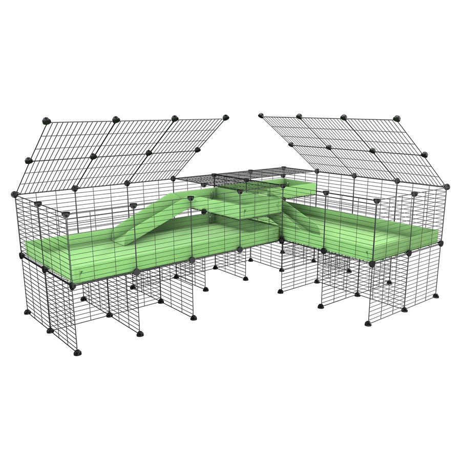 A 8x2 L-shape C&C cage with lid divider stand loft ramp for guinea pig fighting or quarantine with green coroplast from brand kavee