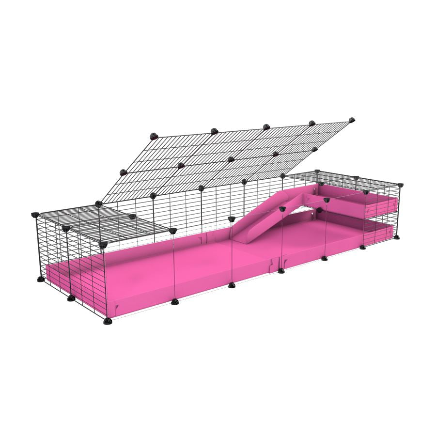 a 2x6 C and C guinea pig cage with clear transparent plexiglass acrylic panels  with loft ramp lid small hole size grids pink coroplast kavee