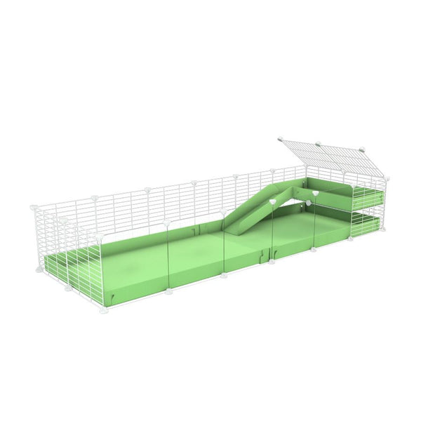 a 6x2 C&C guinea pig cage with clear transparent plexiglass acrylic panels  with a loft and a ramp green pastel pistachio coroplast sheet and baby bars by kavee