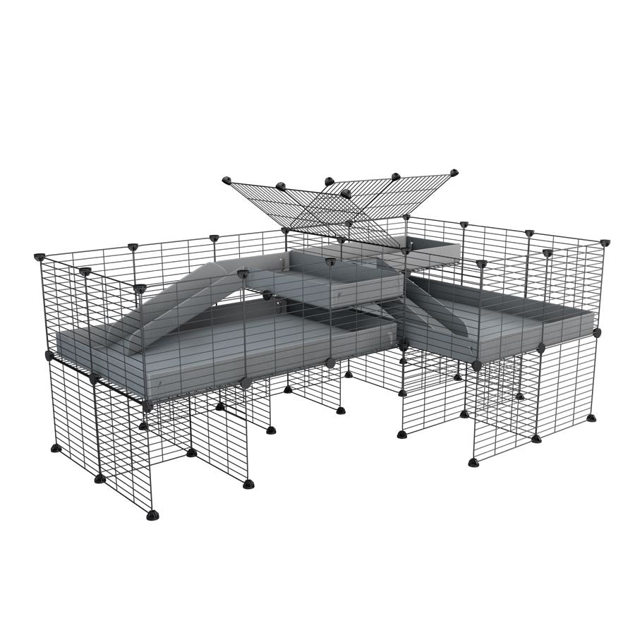 A 6x2 L-shape C&C cage with divider and stand loft ramp for guinea pig fighting or quarantine with gray coroplast from brand kavee