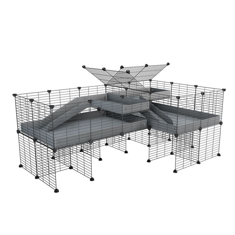 A 6x2 L-shape C&C cage with divider and stand loft ramp for guinea pig fighting or quarantine with gray coroplast from brand kavee