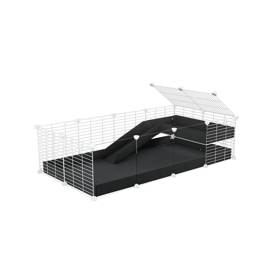 a 4x2 C&C guinea pig cage with clear transparent plexiglass acrylic panels  with a loft and a ramp black coroplast sheet and baby bars by kavee