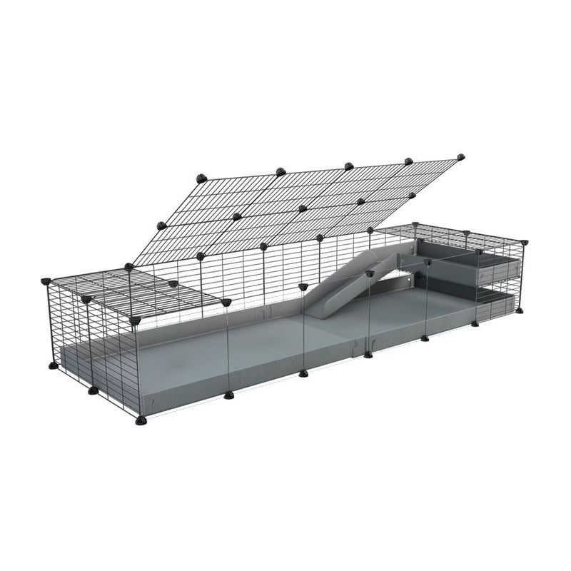 a 2x6 C and C guinea pig cage with clear transparent plexiglass acrylic panels  with loft ramp lid small hole size grids gray coroplast kavee