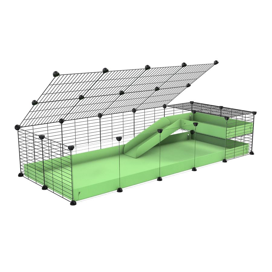 a 2x5 C and C guinea pig cage with clear transparent plexiglass acrylic panels  with loft ramp lid small hole size grids green pastel pistachio coroplast kavee