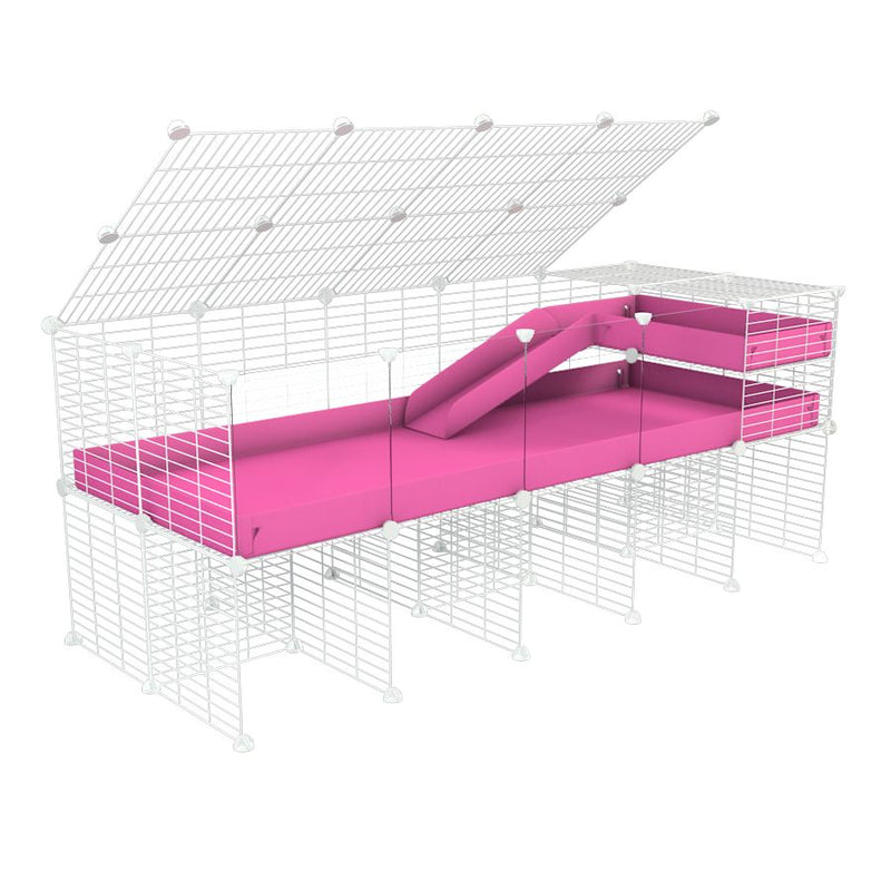 A 2x5 C and C guinea pig cage with clear transparent plexiglass acrylic panels  with stand loft ramp lid small size meshing safe white CC grids pink correx sold in USA